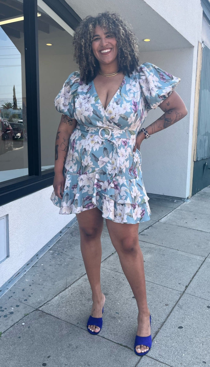 Fashion Nova Light Blue, White, and Purple Floral Mini Wrap Dress with Belt  & Puff Sleeves, Size 3X