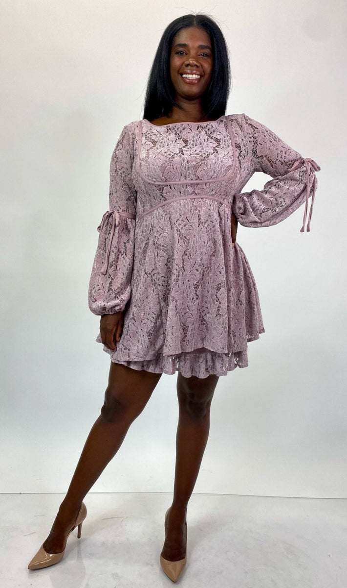 Free People Lavender Crochet Lace Ruffled Mini Dress with Tie Details – The  Plus Bus Boutique