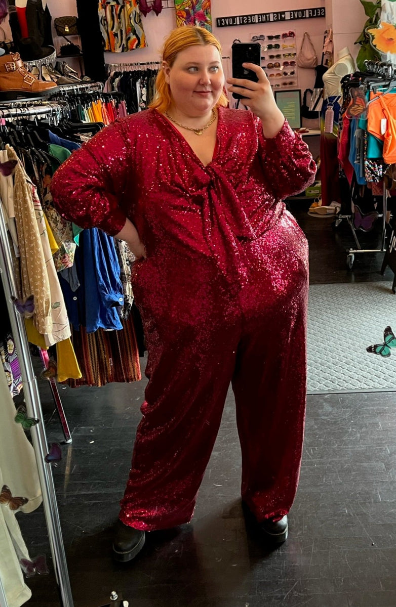 Plus size cheap red sequin jumpsuit