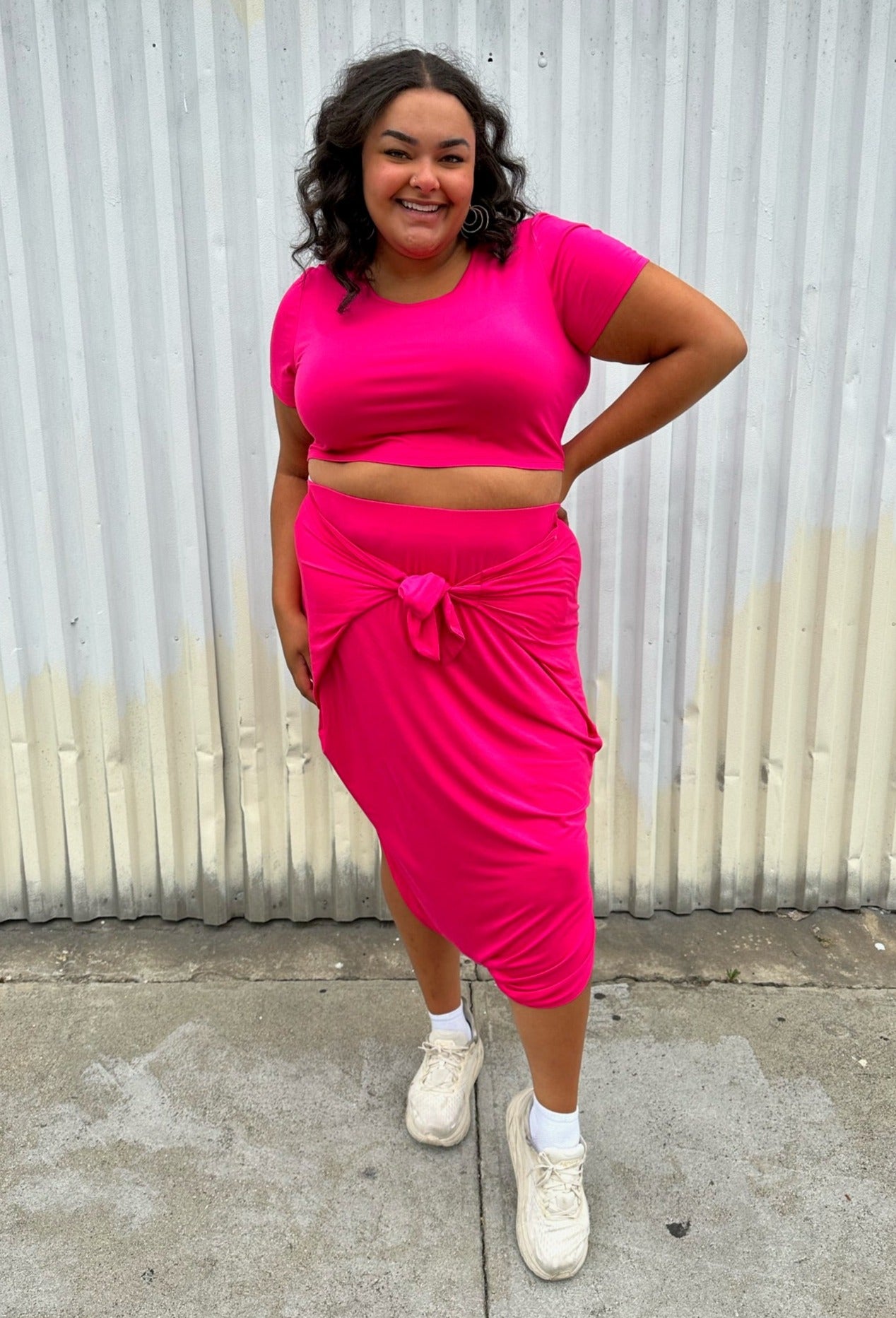 Fashion to Figure Hot Pink Two Piece Crop & Tie-Detail Skirt Set