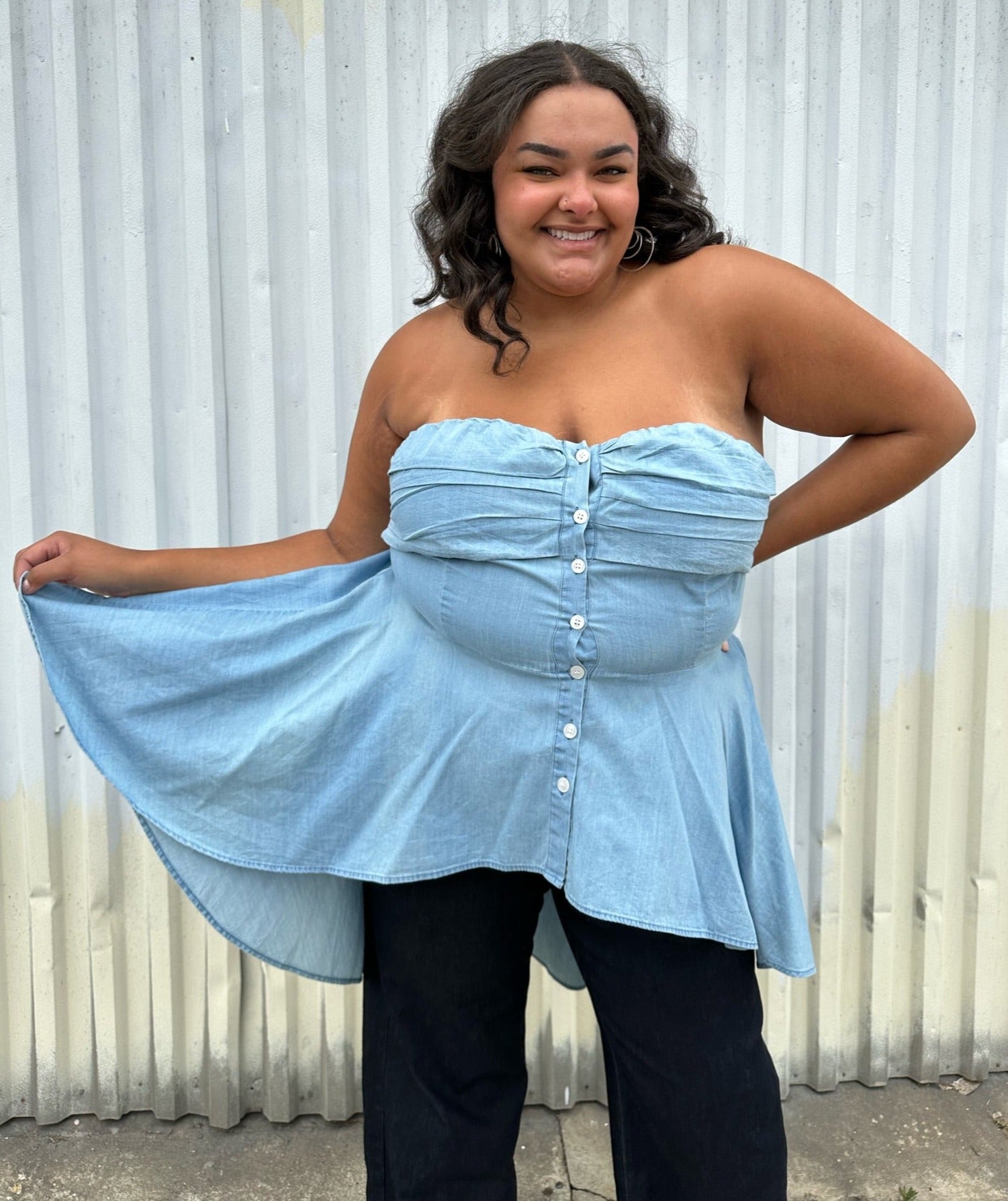 Fashion to Figure Chambray Strapless Button-Up High-Low Blouse