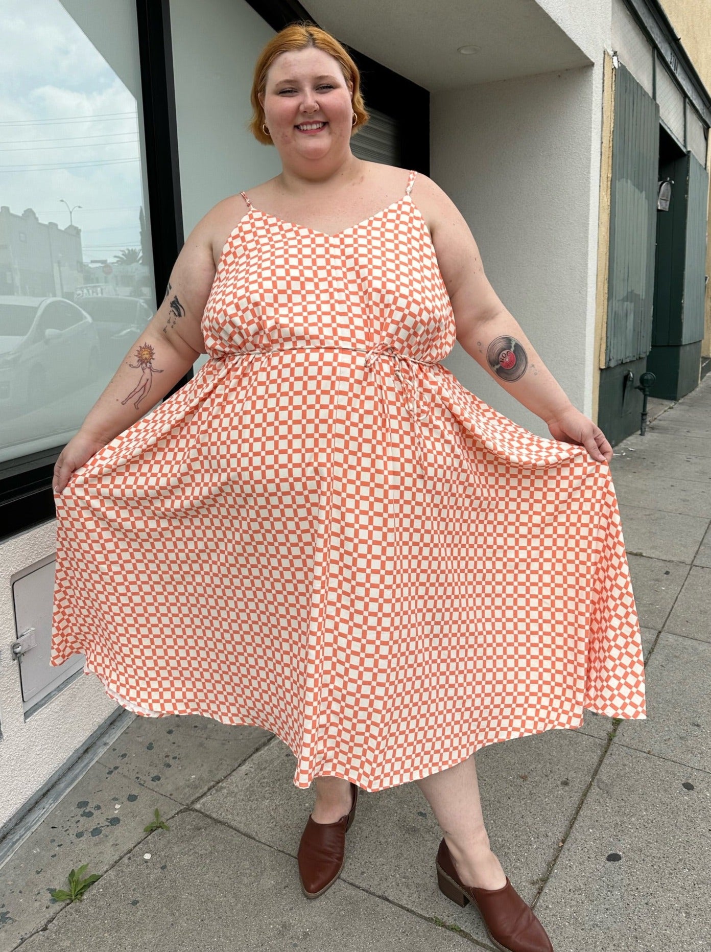 WRAY Orange and White Checkered Windowpane Tank Maxi Dress Size