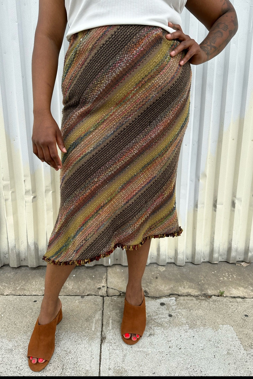 Nancy Bolen City Girl Vintage Earth Tone Horizontal Stripe Midi Skirt, –  The Plus Bus Boutique