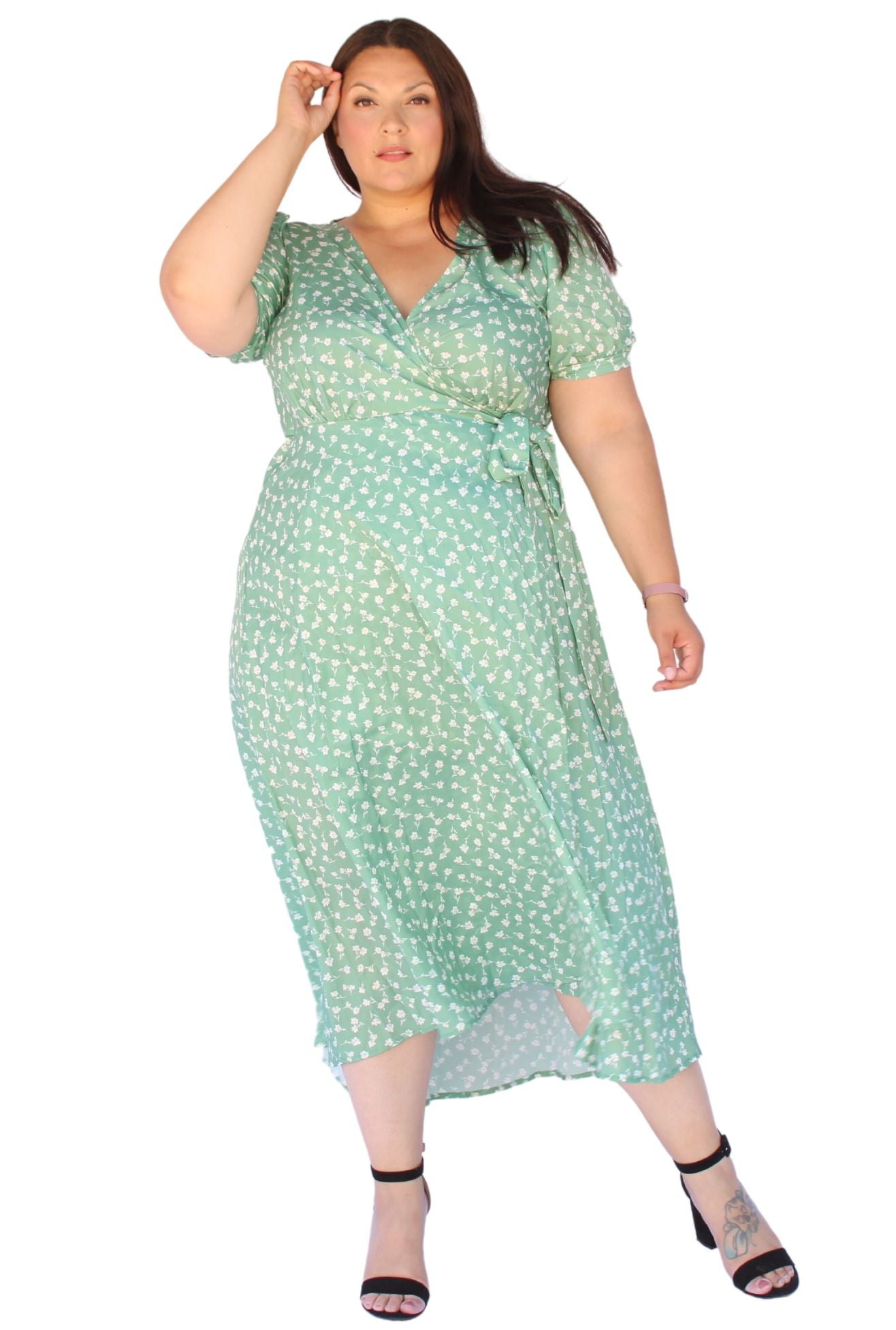 BLOOMCHIC WRAP VNECK MIDI DRESS GREEN PRINT, SIZES 16, 18, 20, 22 – The  Plus Bus Boutique