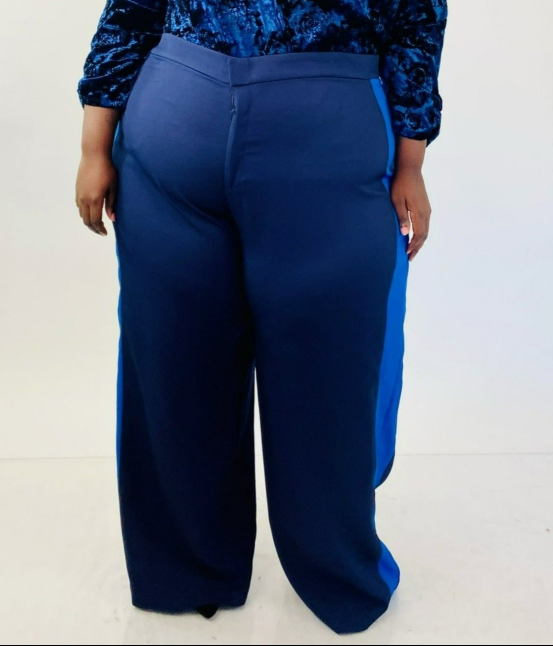 Eloquii Navy Blue Wide Leg Trousers with Light Blue Racing Stripe Side   The Plus Bus Boutique