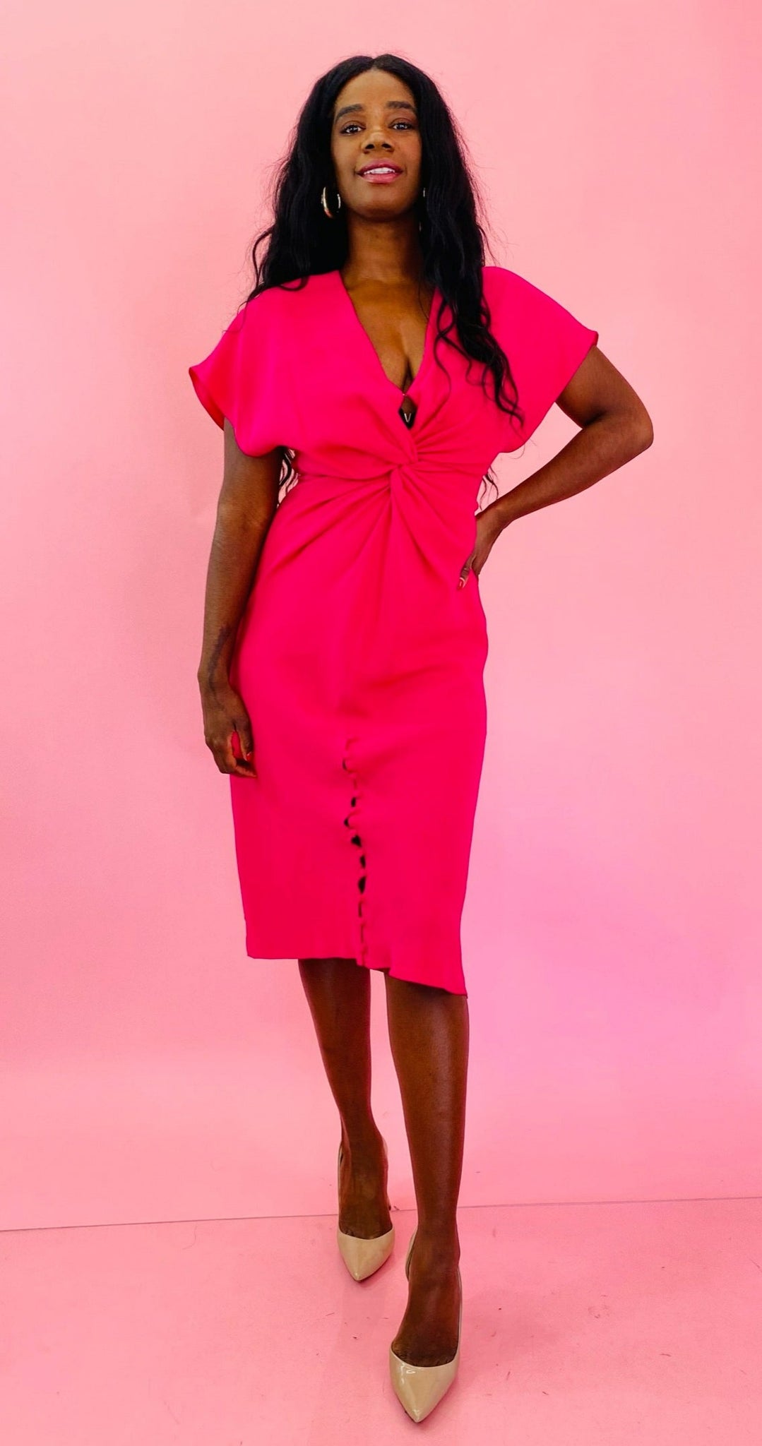 Prabal Gurung Hot Pink Sheath Dress with Knotted Torso Flutter