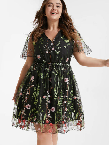 BLOOMCHIC MESH EMBROIDERED FLORAL V-NECK ELASTIC WAIST SHEER DRESS – The  Plus Bus Boutique