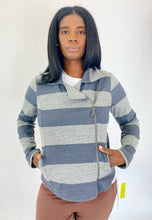 Load image into Gallery viewer, Front view of a size XL Splendid dark and light gray zip-up jacket styled closed over a white tee and brown leggings on a size 12 model.
