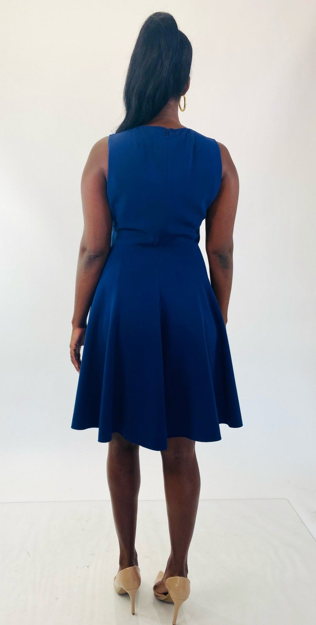 Michael Kors Navy Blue High Neck A-Line Circle Skirt Midi Dress