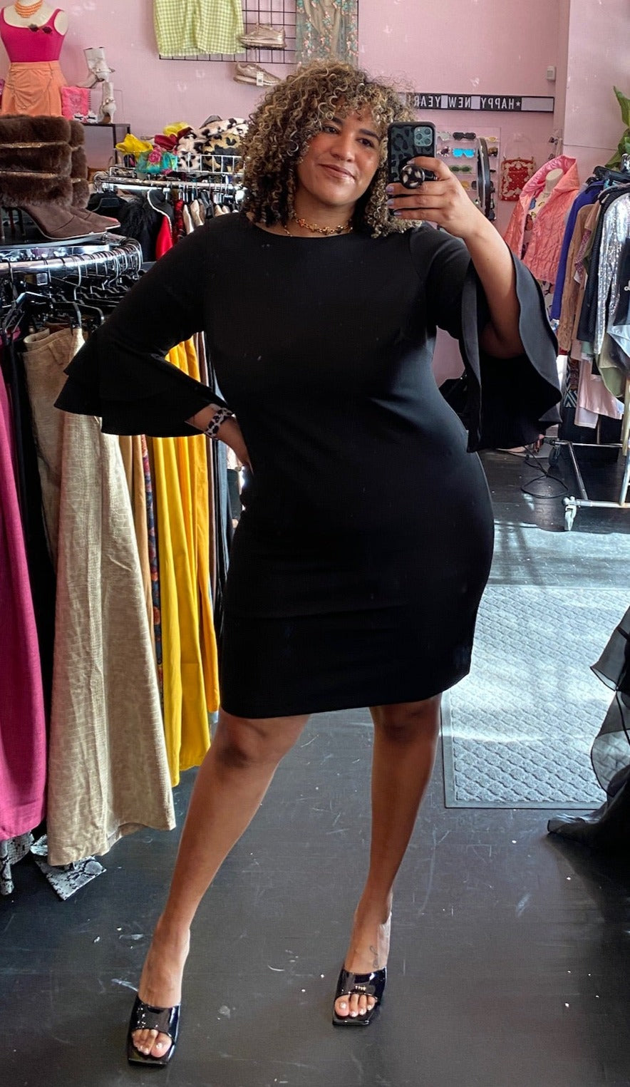 Calvin Klein Black Bell Sleeve High-Neck Midi Dress, Size 18W