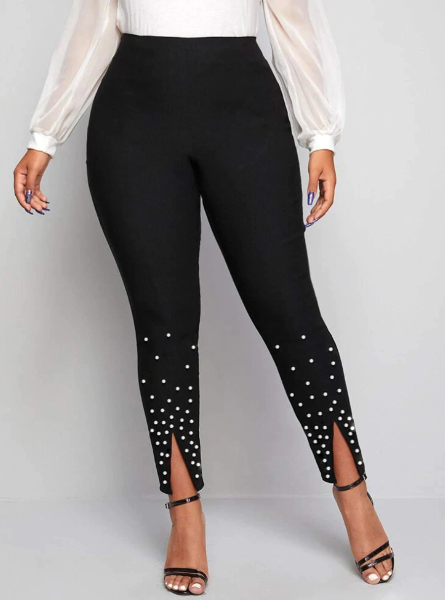 Bloomchic Black Leggings with White Beading and Front Slits Multiple Sizes Available