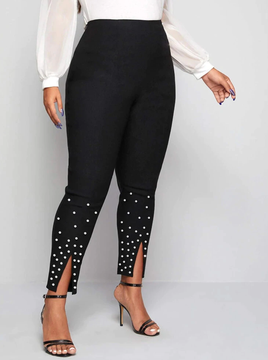 Bloomchic Black Leggings with White Beading and Front Slits, Multiple Sizes  Available!